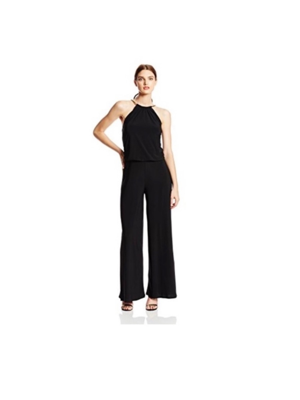 MSK Black Wide Leg Halter Jumpsuit w/Gold Neckline Detail – Size M